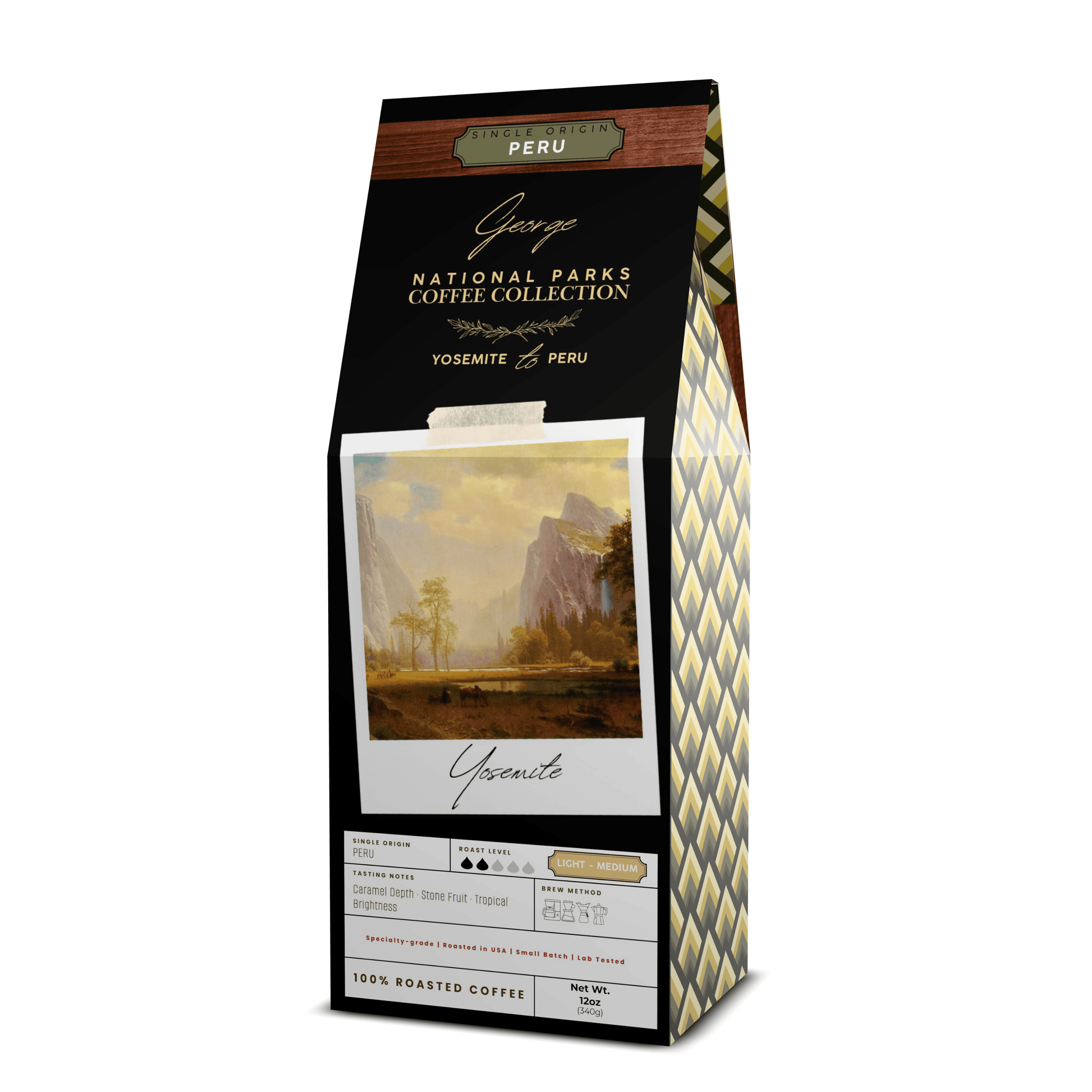 Single-origin specialty coffee from Peru in collectible GEORGE National Parks Collection packaging by Official Fellow Citizen. Gift ready package front. - Certified by Mintall.