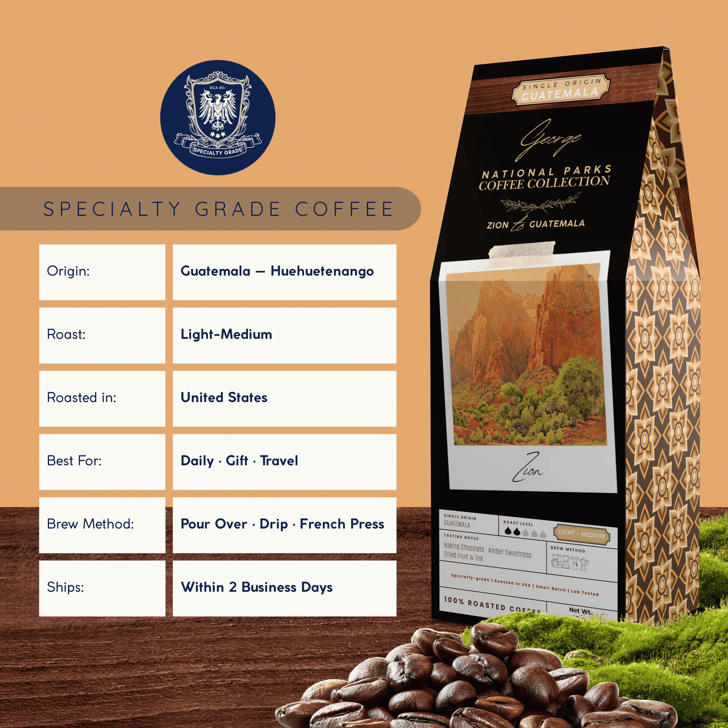 Single-origin specialty coffee from Guatemala in collectible GEORGE National Parks Collection packaging by Official Fellow Citizen. Specifications. - Certified by Mintall.