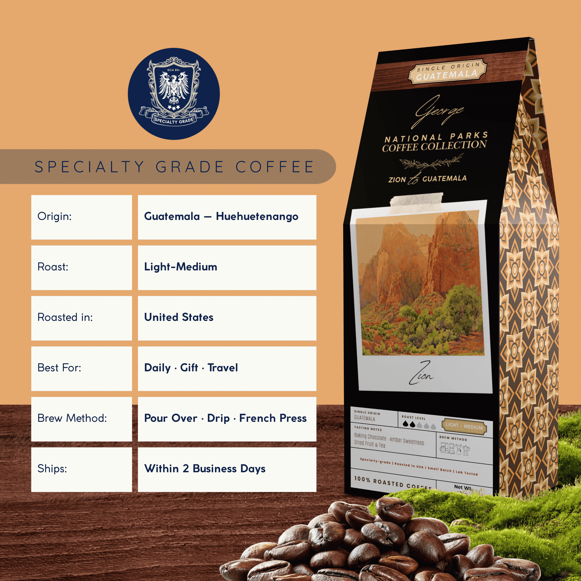 Single-origin specialty coffee from Guatemala in collectible GEORGE National Parks Collection packaging by Official Fellow Citizen. Specifications. - Certified by Mintall.