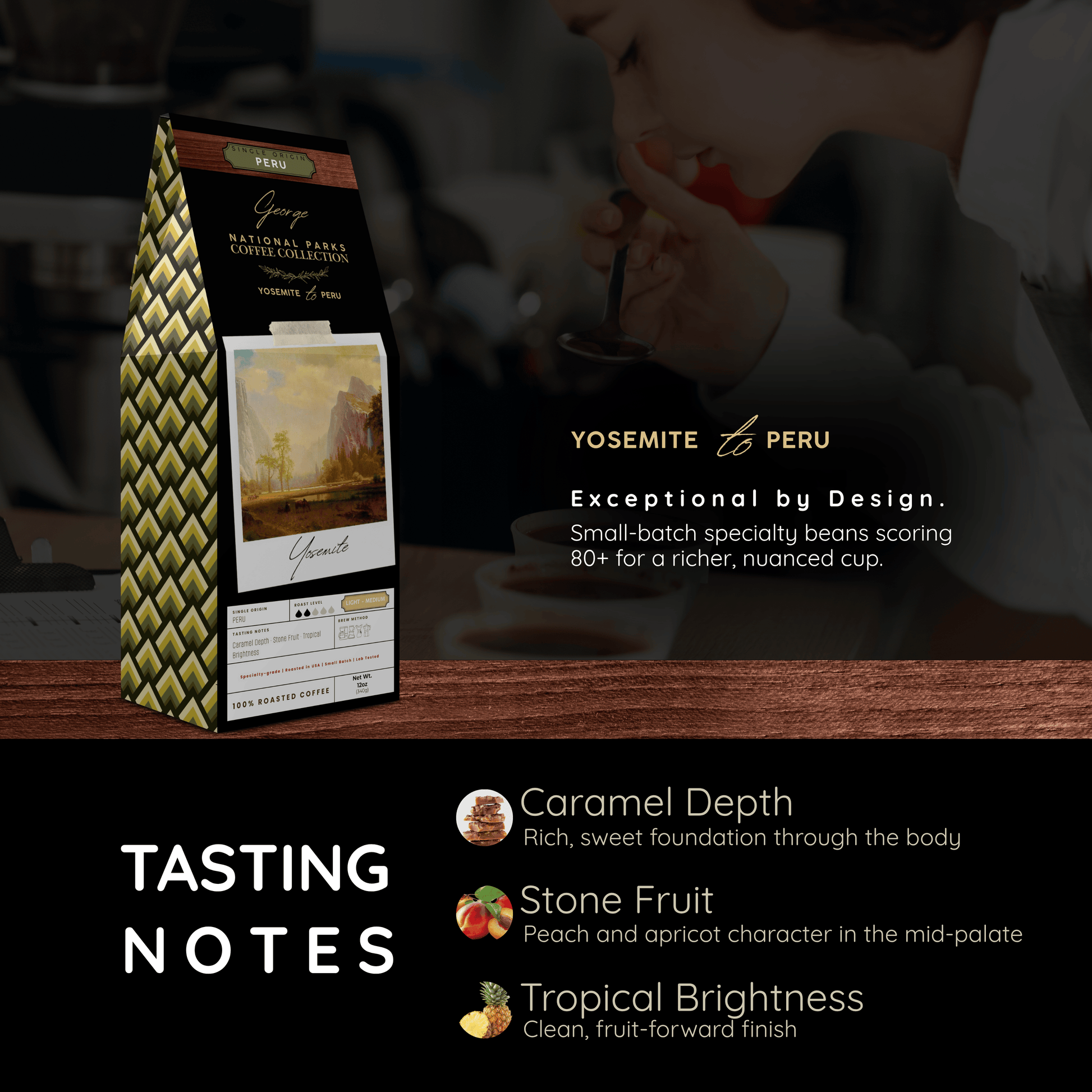 Single-origin specialty coffee from Peru in collectible GEORGE National Parks Collection packaging by Official Fellow Citizen. Graphic of tasting notes: caramel depth, stone fruit, tropical brightness - Certified by Mintall.