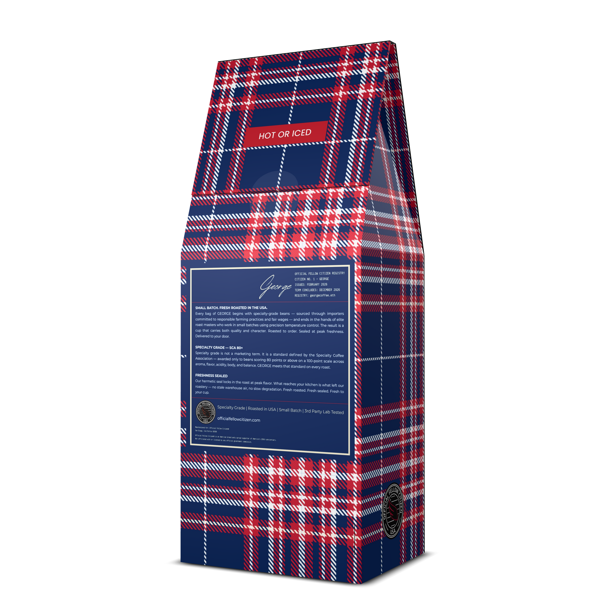 GEORGE specialty-grade coffee in limited-edition commemorative gift-ready packaging featuring George Washington for America’s 250th anniversary. DECAF product back. - Certified by Mintall.