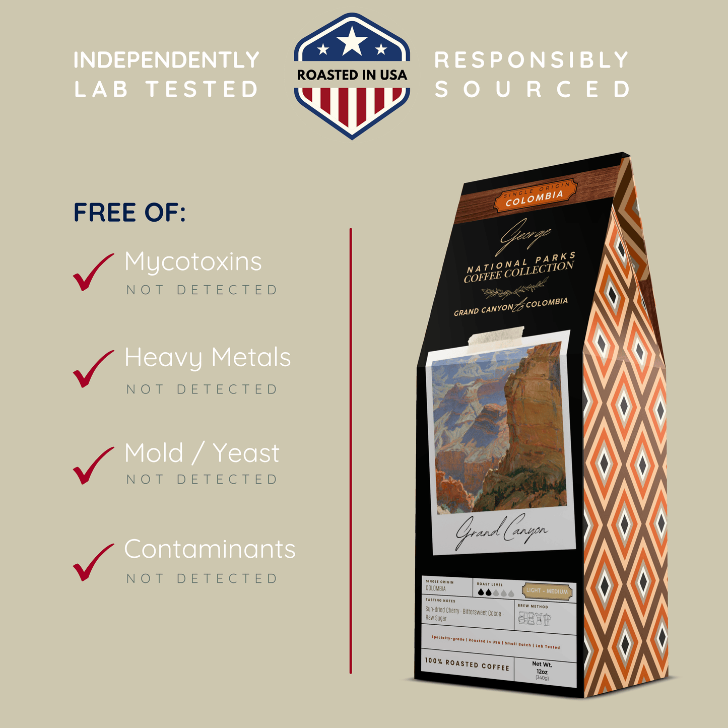 Graphic showing GEORGE Colombia coffee independently lab tested and free of mycotoxins, heavy metals, mold, yeast, and contaminants. Roasted in USA - Certified by Mintall.