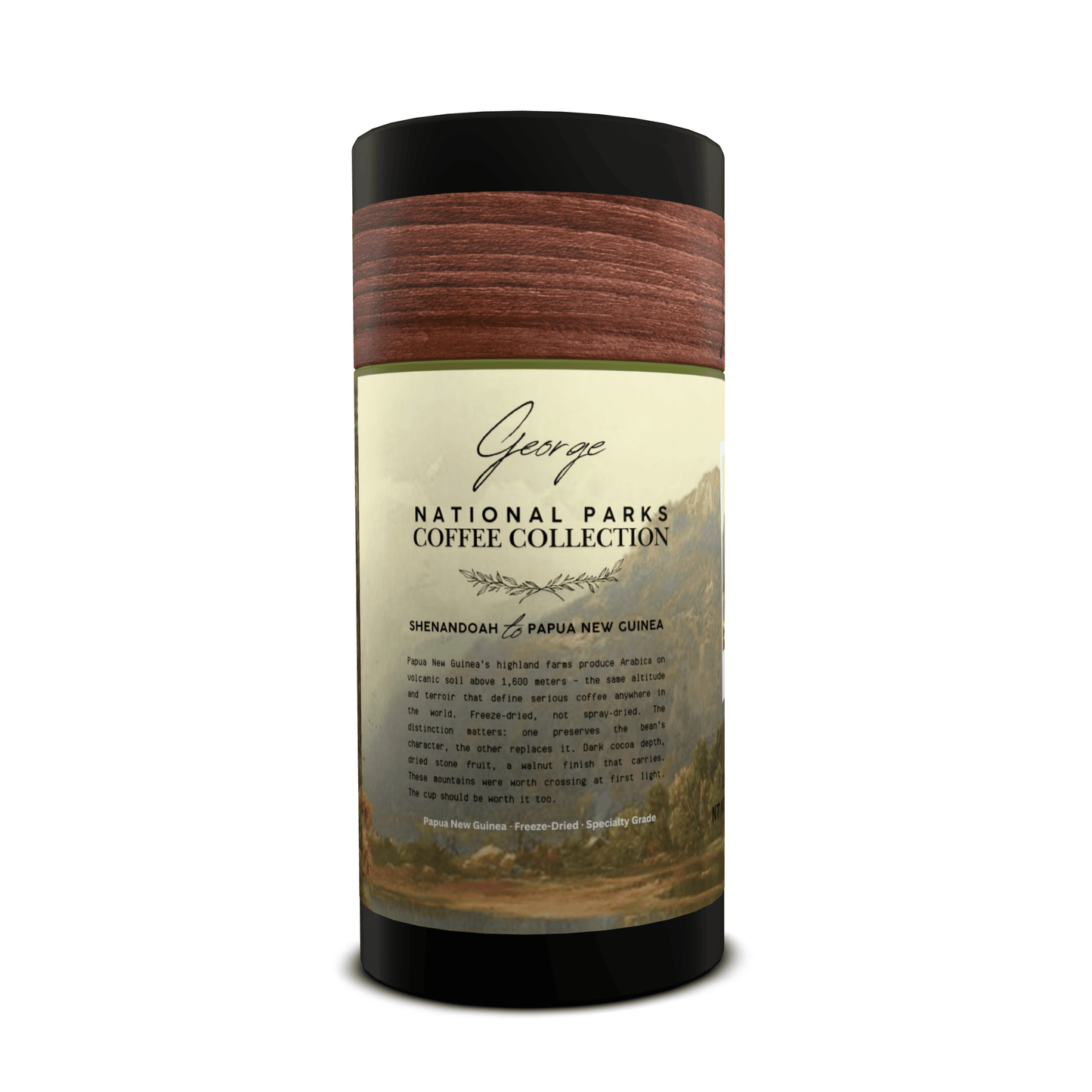 Specialty instant coffee from Papua New Guinea in collectible GEORGE National Parks Collection tube packaging by Official Fellow Citizen. Product back. - Certified by Mintall.