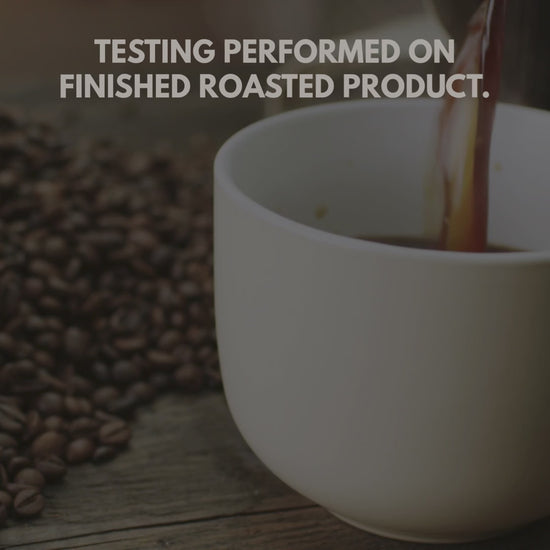 Video of lab tested coffee and fresh roasted coffee beans. 
Text on screen reads "TESTING PERFORMED ON FINISHED ROASTED PRODUCT." FoodChain ID third-party lab tested. No sound.