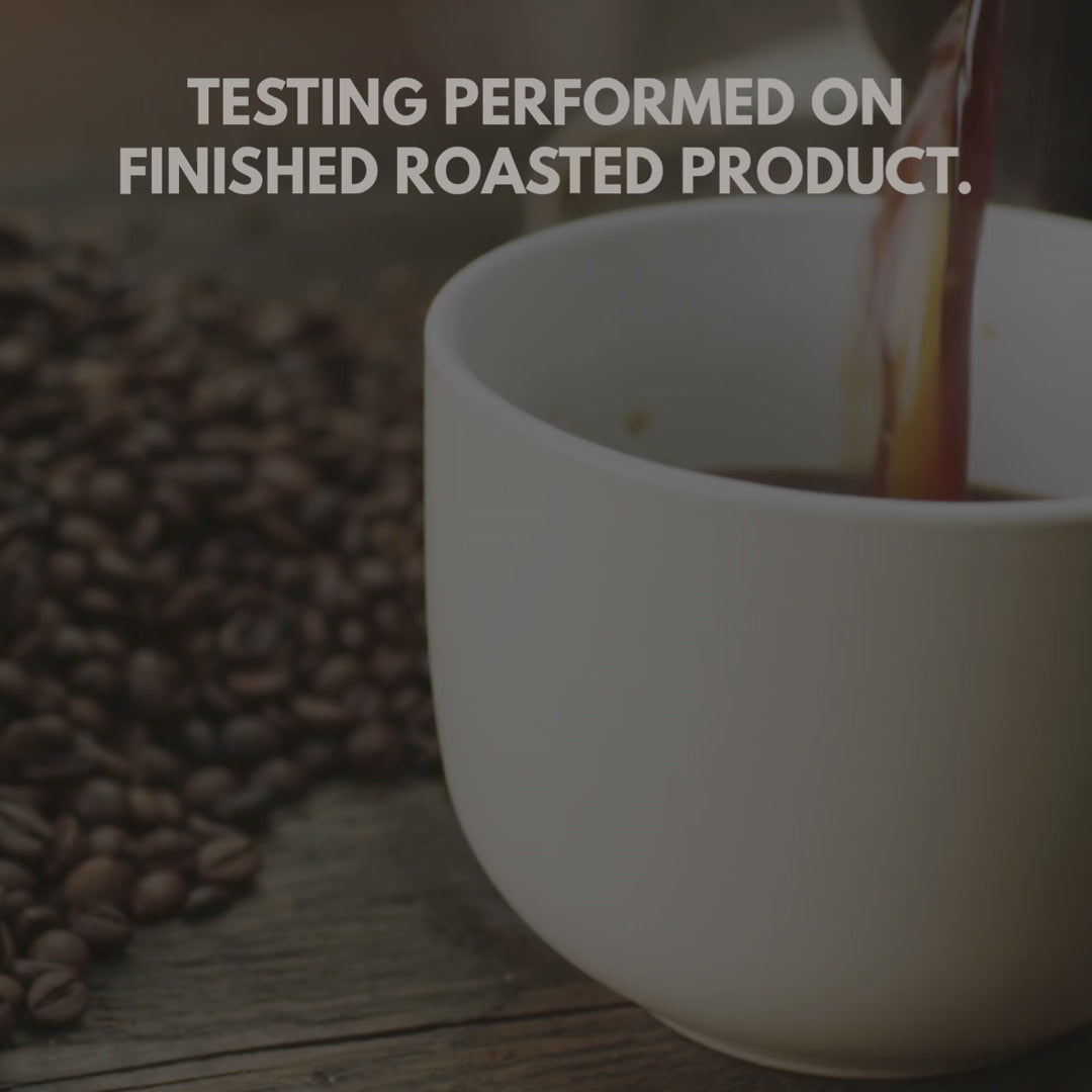 Video of lab tested coffee and fresh roasted coffee beans. 
Text on screen reads "TESTING PERFORMED ON FINISHED ROASTED PRODUCT." FoodChain ID third-party lab tested. No sound.